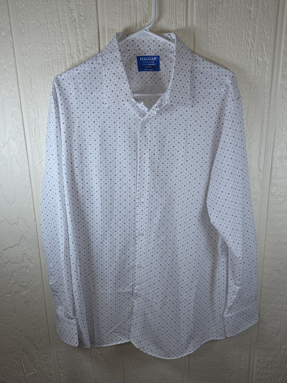 Men's Haggar White Button-Front Shirt with Navy Microdot Pattern, Size 17.5 (XL)